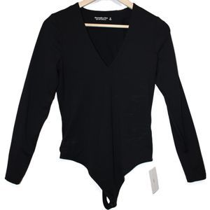 Women Abercrombie & Fitch Soft AF Black Nylon V-Neck Long Sleeve Bodysuit Size M